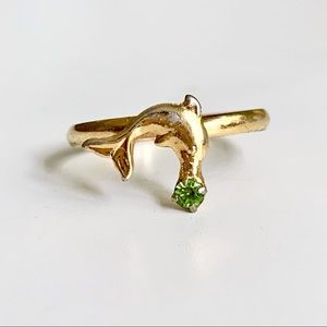 14k Gold-Plated Dolphin Ring Green Gemstone Adjustable Y2K Beach Nautical Prom